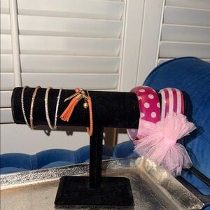 Pink Polka Dot Bangle Bracelet with Tulle Accent - Women Accessories